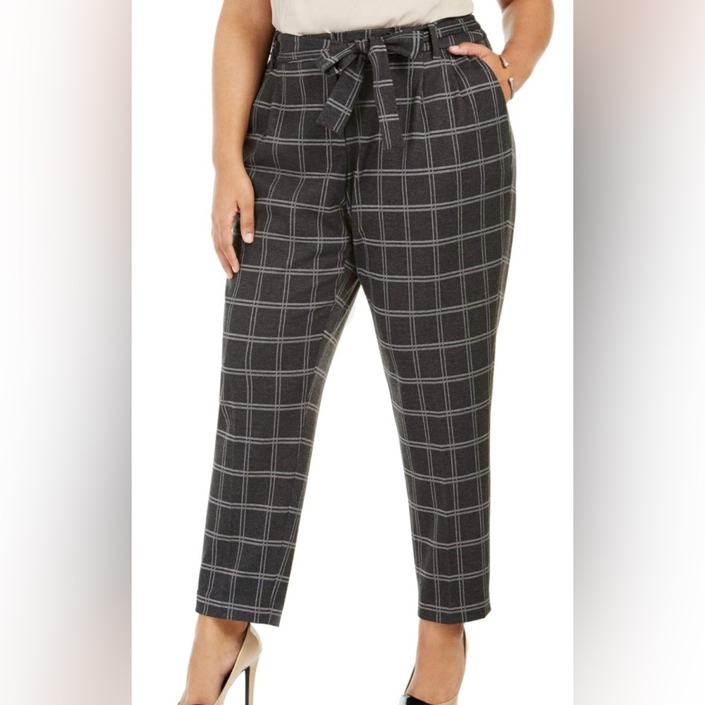 New! Calvin Klein Women's Plus Size Plaid Slim Fit Tie-Waist Pants 24W
